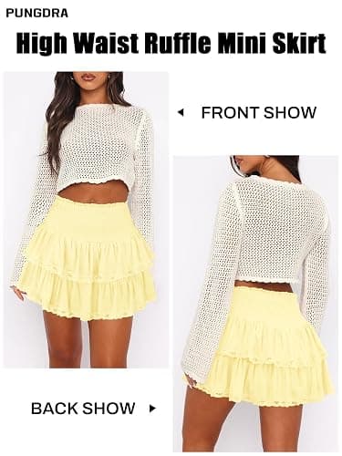 Pungdra Womens Casual Ruffle Mini Skirt Athletic Golf Tennis Skort Boho Tiered High Waist Layered Ruffle Flowy Short Skirts thumbnail 3
