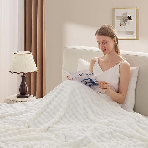 3D Bubble Plush Blanket Textured Fleece Throw Soft Warm Cozy Blanket Couch Bed Throw Snow White 50x60 Inches thumbnail 7