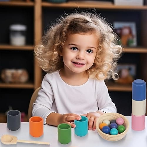 Rainbow Balls in Cups Toddler Montessori Toys for 3 Year Old Up, Kids Preschool Wooden Matching Games for Learning Color Sorting and Counting thumbnail 2