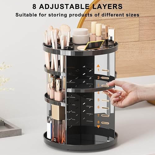 Rotating Makeup Organizer, DIY 8 Adjustable Layers Spinning Skincare Storage, Cosmetic Display Case with Brush Holder and Perfume Tray, Multi-Function Vanity Bathroom Countertop Organizer Black thumbnail 2