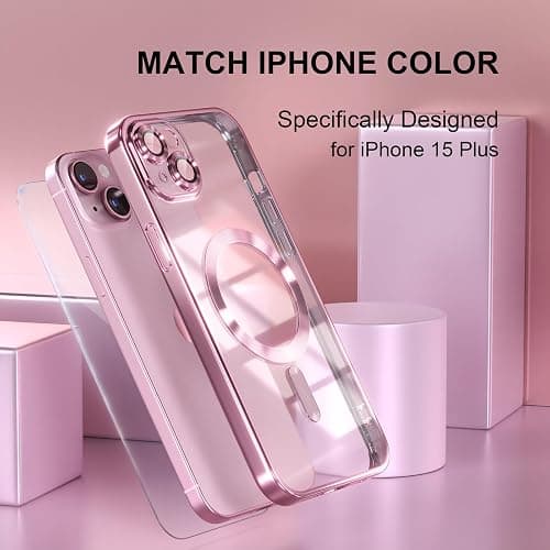 Misea Magnetic for iPhone 15 Case Compatible with MagSafe [Never Yellowing] [Military Grade Drop Protection] Full Camera Lens Protector Plating Soft Clear Phone Case for Women, Pink thumbnail 7