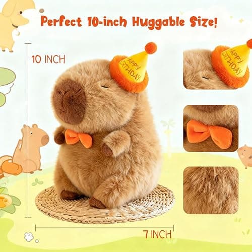 Wonfirang Capybara Plush with Birthday Hat, Kawaii Capybara Doll Stuffed Birthday Gifts Party Decoration, Cute Plush Toy for Girls Cartoon Fans thumbnail 3