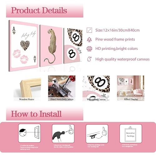 Trendy Leopard Canvas Wall Art Set of 3 - Pink Cheetah Prints Wall Decor Pictures, Funky Lucky You 8 Ball Poster Preppy Aesthetic Paintings, for Girls Bedroom Dorm Apartment 12x16 inch Framed thumbnail 5