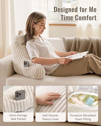 Blissful Diary Reading Pillow for Sitting in Bed, Flannel Back Pillow Bed Sitting Up for Adult & Children, Backrest Cushion for Sit Up in Couch or Floor, Dorm Essentials, Cream White thumbnail 4