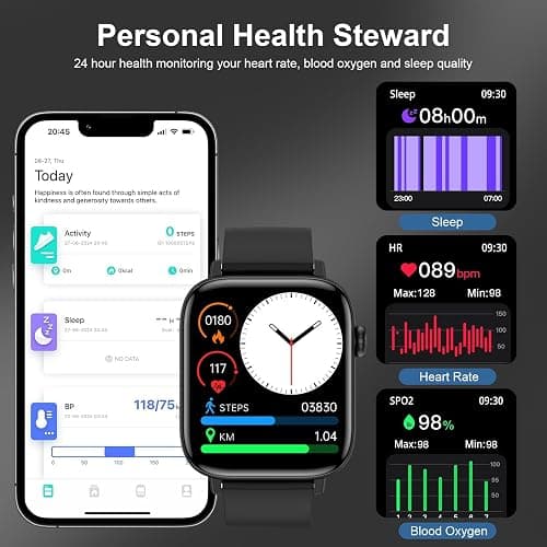 PJYUBVOR Smart Watch, 1.90" Smartwatch for Men Women (Answer/Make Calls), Fitness Tracker with 120+ Sport Modes, Heart Rate/Sleep Monitor, IP68 Waterproof Smart Watch for Android/iOS Phones - Black thumbnail 4