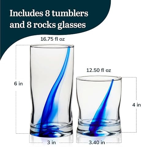 Libbey Tumbler and Rocks Glass Set, Infused Blue Ribbon Drinkware Glasses Set,, Artisan Inspired Four-Dimple Shaped Rock Glasses, Dishwasher Safe Tumbler Glasses Set thumbnail 3