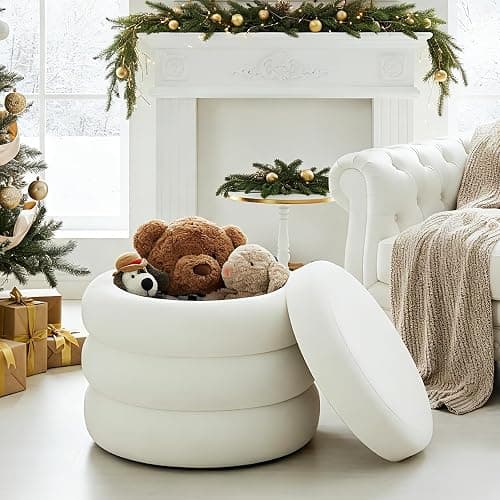 Flouki 20.1" Storage Ottoman Round, Vanity Stools for Bedroom, Velvet Pouf Ottoman with Removable Lid, Modern Ottoman Stool for Girls Women, Foot Stool for Living Room, White thumbnail 2