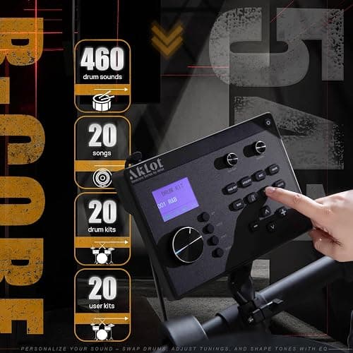 AKLOT Expanded-Size Electric Drum Set: 12'' Two-Piece Standalone Hi-Hat, Independent Kick Drum and 10'' Dual-Zone Snare, 12'' Triple-Zone Ride Cymbal, All Mesh Heads, 460 Sounds, USB MIDI (B-CORE541) thumbnail 3