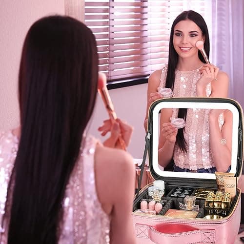 Extrei Gent Makeup Travel Train Case with Mirror LED Light 3 Adjustable Brightness Large Cosmetic Bag Portable Storage Adjustable Partition Waterproof Makeup Brushes Make up Jewelry Gift for Women - Roses thumbnail 2