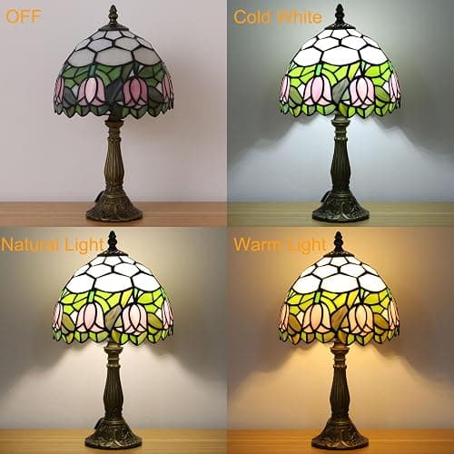 tuomoxte Tiffany Style Table Lamp, Pink Tulip Stained Glass Lamp, 8 Inch Small Antique Lamp, for Bedside Nightstand Bedroom Living Room Home Office, Include LED Bulb thumbnail 2