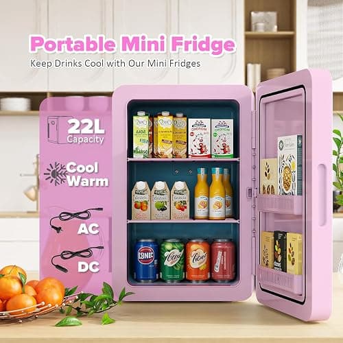 Mini Fridge 22Liter/ 30 Cans, AC+12V DC Cooler & Warmer Portable Mini Fridge for Bedrooms with Adjustable Shelves, Small Fridges for Car, Home Office, Travel, Cosmetics, Drinks (Pink) thumbnail 3