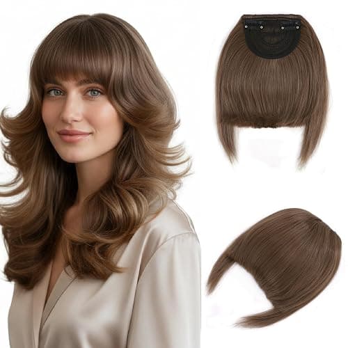 Benehair Clip in Fringe Natural Fringe Clip in Hair Curved Air Hair Bangs with Temples Synthetic Light Brown Hairpieces for Women Girls Daily Wear(Light Brown, 30g) - Image 1
