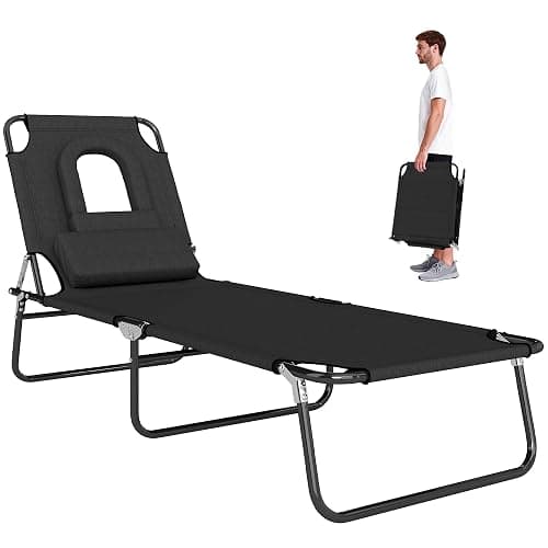 Outsunny Folding Chaise Lounge Chair, Reclining Beach Tanning Chair with Face Hole, Pillow, 4-Position Adjustable Lay Flat Sun Lounger, Steel Frame for Outdoor Patio Pool, Black - Image 1