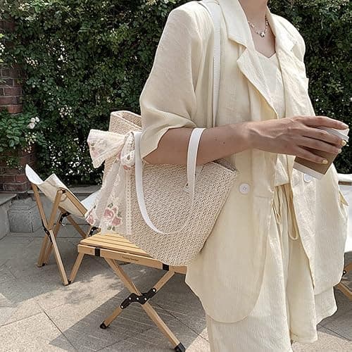 QTKJ Women Large Straw Beach Tote Bag Summer Hand-woven Bags Shoulder Bag Leather Handle Beach Handbags with Cute Lace Bow Small (White) thumbnail 8