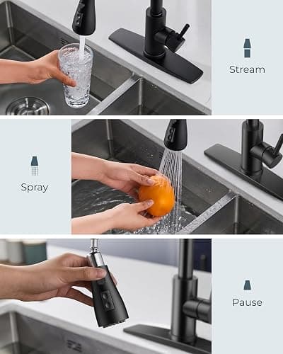 FORIOUS Kitchen Faucet with Pull Down Sprayer, Stainless Steel, Matte Black | 3-Mode Sprayer, Classic Bar Sink Faucet with Deck Plate, High Arc Single Handle, Suitable for Farmhouse Laundry Rv Camper thumbnail 4