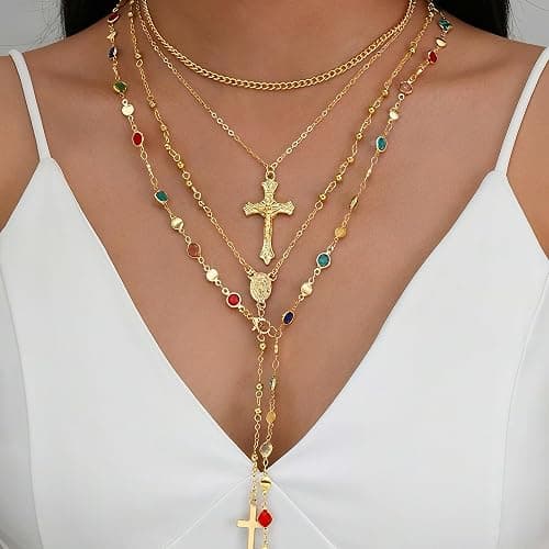 4PCS Layered Gold Cross Necklaces for Women Trendy, Bohemian Bead Pearl Y Long Pendant Necklace Set, Vintage Rosary Necklace Stack Adjustable Length thumbnail 6