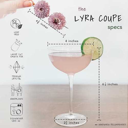 PURE MORA The Lyra Coupe Glass Set of 4, 7oz Handblown Premium Crystal Classic Cocktail Glasses for Martini, Champagne, Mixology, Home Bar, Fancy Margarita, Gin&Tonic, Drinking, etc. For Mixologists - Lyra Coupe (7oz - Set of 4) thumbnail 3