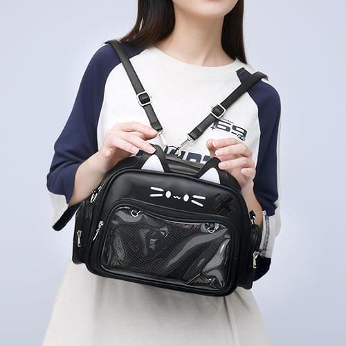 Lifelix Cat Ita Bag Backpack with Clear Window, Kawaii Pin Display Crossbody Bag, Y2K Anime Purse for Pins (Black) | Clear window displays 10-20 enamel pins with insert board. 3-way carry: backpack, shoulder, crossbody. Water-resistant PU thumbnail 9