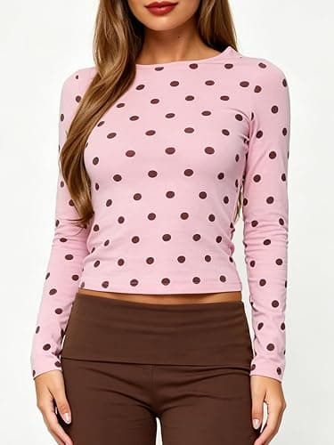 Seyumixi Polka Dot Tops for Women Y2K Long Sleeve Crop Top Vintage Cute Slim Fit Crew Neck Shirt Going Out Streetwear thumbnail 2