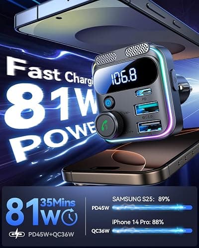 JOYROOM Bluetooth 5.4 FM Transmitter Car Adapter 81W (PD 45W & 36W) [Dual Mics] [Light Switch] [HiFi Bass Sound] [Fast Charging] Wireless Music Adapter Hands-Free Calling LED Display Support USB Drive thumbnail 4