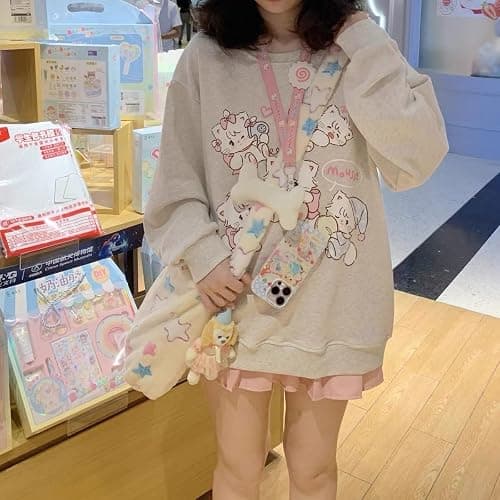 Y2k Harajuku Kawaii Grey Preppy Style Sweatshirt Women Japanese Fashion Cute Casual Cat Print Loose Hoodie thumbnail 4