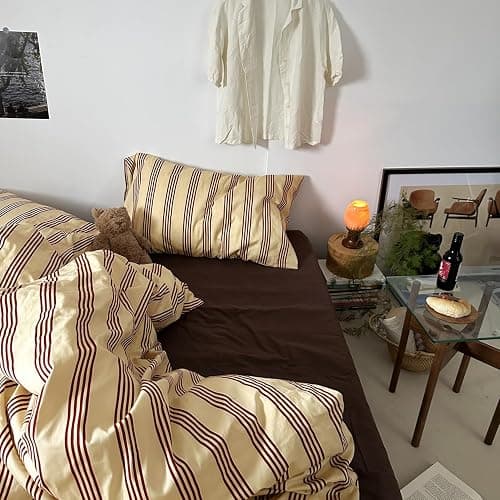 MKXI Queen Size Reddish-Brown & Yellow Striped Duvet Cover Set - 3 Piece Vintage Aesthetic Bedding Set, Cotton, Minimalist Design, Soft & Breathable Duvet Cover with Zipper Ties thumbnail 5