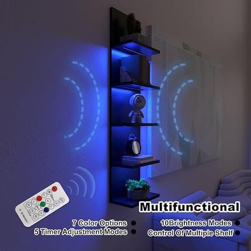 VIWODS 5-Tier Wall Shelf Unit with RGB Light, Floating Lack Shelf for Storage, Wall Mounted Vertical Display Shelf for Bedroom Living Room Vanity, Black thumbnail 3