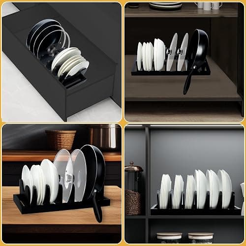 MinBoo Bamboo Pot Lid Organizer Pot Lid Holder, Pot and Pan Organizer Drawer Organizer for Pot Lids, Pans, Cutting Boards & Baking Sheets, Dinner Plates, Reusable Containers in Cabinet Storage,Black thumbnail 6