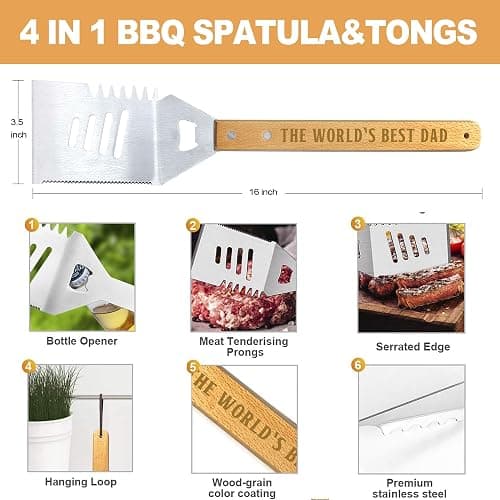 Christmas Dad Gifts from Daughter Heavy Duty Wooden BBQ Grilling Accessories Kit for Backyard, Thick Stainless Steel Grill Utensils with Non-Slip Handle Tools in Portable Bag Birthday thumbnail 3