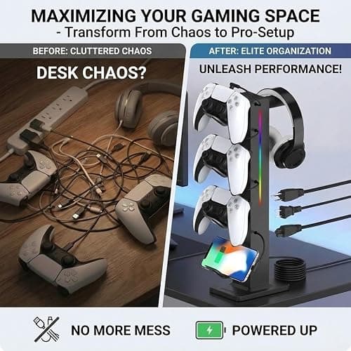 KAFRI RGB Gaming Headphone Stand with Controller Holder, Desk Organizer with Retractable Charger Cable, 2 AC Outlets & 4 Type-C Charging Ports, PC Gaming Accessories for Headset & Controller (Black) thumbnail 3