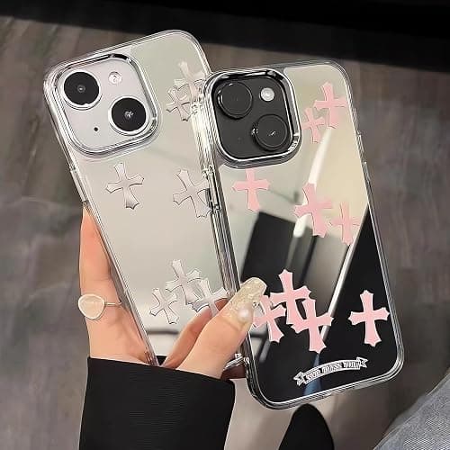xoniery Compatible with iPhone 15 Cute Glossy Mirror Back Case,Cross Pattern,Senior Shockproof Protection for iPhone 15 Case for Women Girls-Pink thumbnail 2