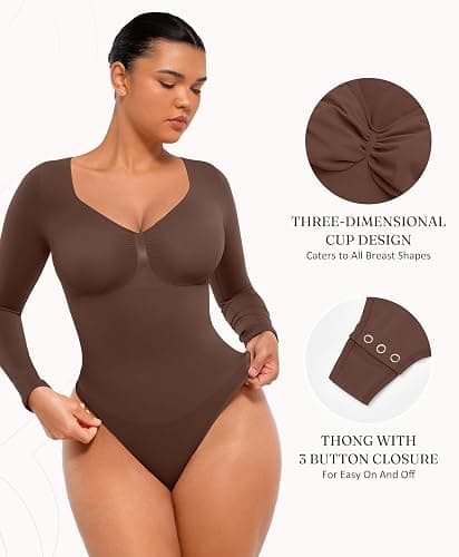 FeelinGirl Women's Long Sleeve Shapewear Bodysuit for Tummy Control Seamless Body Suits Thong V Neck Going Out Tops thumbnail 4
