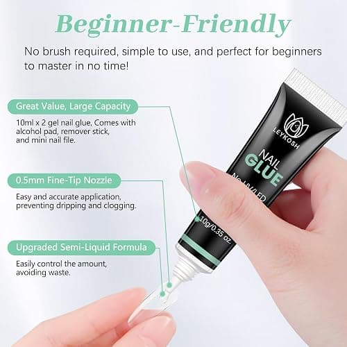 Nail Glue for Press Ons, 10s Fast-Drying No U V Light Needed - Upgrade Super Strong Semi Solid Nail Glue Last Up to 28+ Days & Easy to Remove, 10g*2 High Capacity Suitable for Fake & Acrylic Nail Tips thumbnail 7