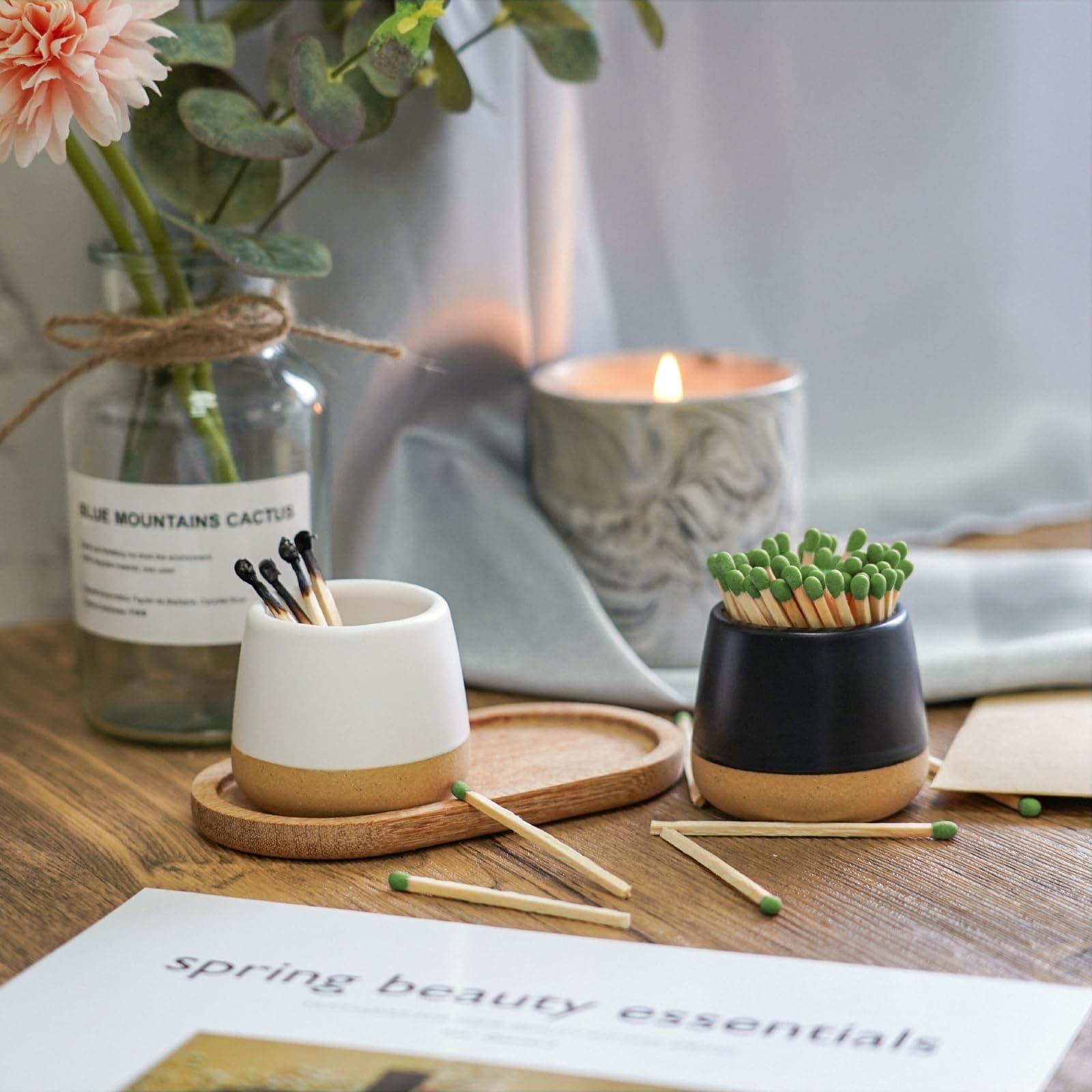 Amazon Matches in a Jar with Striker for Cute and Fancy Matches - Set of 2 Ceramic Match Holder with Striker Match Container Tray Matchstick Holder for Kitchen Bathroom Candle Parlor Modern Home Decor thumbnail 2