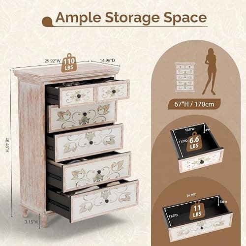VINGLI Dresser Wood Chest of Drawers for Bedroom, Tall Dresser, Boho Dresser 6 Drawer Chest, Wooden Dresser with Drawers and Solid Wood Legs, Rustic Dresser, Washed White - 15"D x 29.9"W x 46.5"H (6 Drawers) - Washed White thumbnail 2