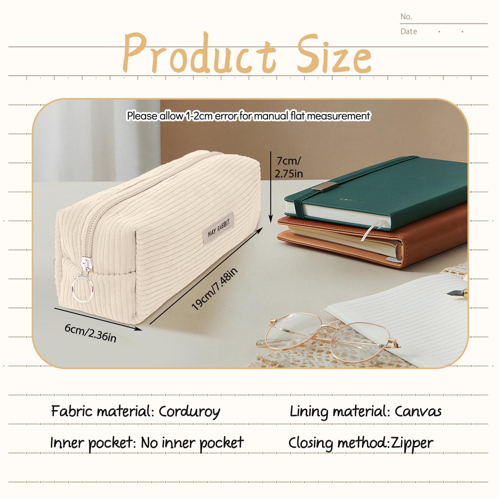 Electri-HQ Pencil Case Corduroy Portable Ribbed Pencil Case with Practical Zip for School, Home and Office, Light, cream, Simplicity thumbnail 2