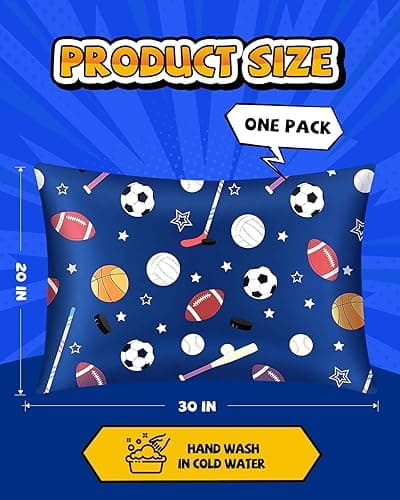 Miss Adola 1 Pack Kids Pillowcase - 30"x20" Queen Mulberry Silk Pillowcase for Hair and Skin 19 Momme Silk Pillow Case Cute Cartoon Kawaii Fun Pillowcase for Teens Boys Girls, Blue Ballgame thumbnail 4