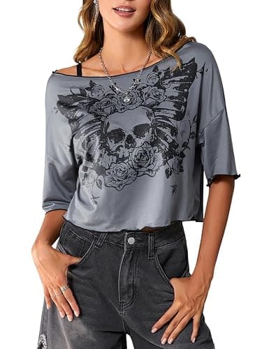 SOLY HUX Womens Y2K Grunge Shirts Short Sleeve Off Shoulder Crop Graphic Tees Goth Skull Tops thumbnail 2