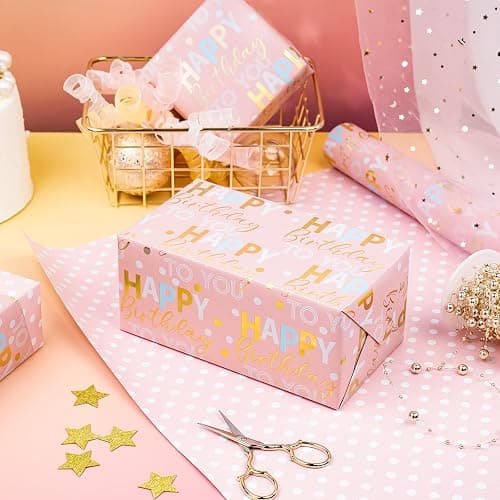 WRAPAHOLIC Reversible Birthday Wrapping Paper - Mini Roll - 17 Inch x 9.8 Feet - Rose Gold Foil and Iridescent Happy Birthday Wrapping Paper for Girls, Women, Baby Shower thumbnail 5