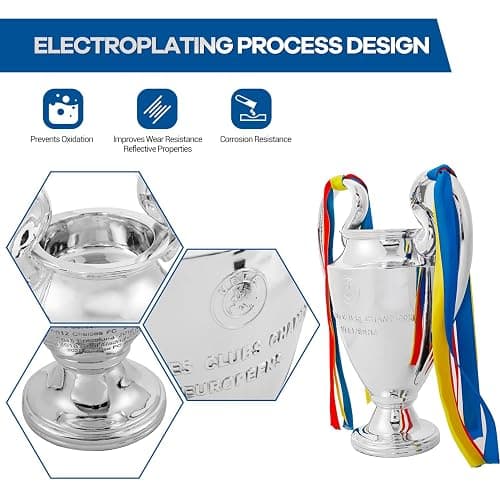Emaraxy Champion Trophy, Sports League Cup, Champions League Replica, Resin Material, Medal, Keepsake Collection, Office Decoration Trophy, Chrome Plated Silver/Blue Ribbon thumbnail 5