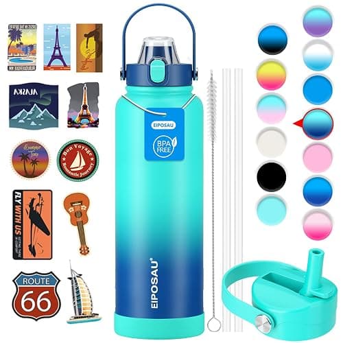 Insulated Water Bottle with Lid & Boot & Stickers, 40 oz Stainless Steel Sweat Free Bottle Keep Cold 24H, BPA-Free Sports Wide Mouth Water Bottle, CyanBlue - Image 1