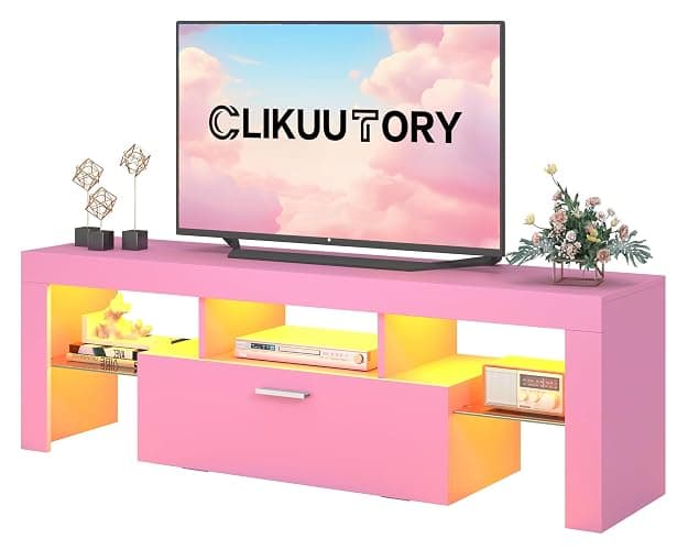 Clikuutory Modern Lighting 51 inch TV Stand with Large Storage Drawer for 32 40 50 55 Inch TVs, TV Console with 20 Color LED Lights, Entertainment Center Media and Open Shelf for Bedroom, Pink - Image 1
