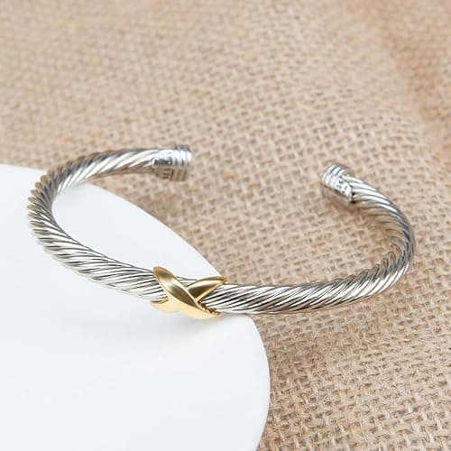 evoklo Cable Bracelets for Women Cuff Bracelets Two Tone Bracelets for Women Mixed Metal Bracelet Designer Dupes Gold and Silver Bracelet Designer Jewelry - 03-X thumbnail 3