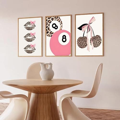 Trendy Pink Leopard Bow Wall Art Set of 3 Funky Cherry Lucky 8 Ball Posters Prints Cute Coquette Preppy Room Aesthetic Wall Decor Pictures for Girls Bedroom Apartment Dorm Unframed 12x16in thumbnail 7