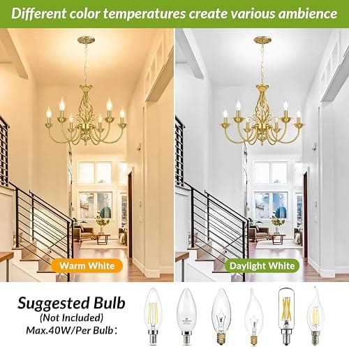 VerRon 6-Light Farmhouse Candle Chandelier for Dining Room, Luxury Gold | Vintage Ceiling Hanging Lamp, Rustic Industrial Pendant Ceiling Light Fixture for Living Room Bedroom Kitchen, E12 Socket thumbnail 4