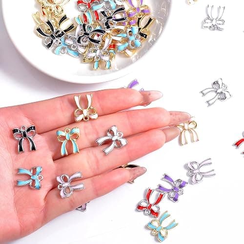 40/60PCs Metal Enamel & Rhinestone Bow Charms for Jewelry Making, Silver & Gold Plated Bow Charms for Bracelets Keychains thumbnail 5