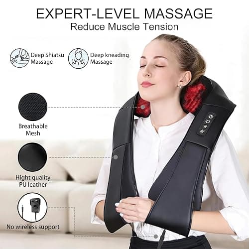 Neck Massager with Heat – 3D Deep Tissue Shiatsu, Portable for Pain Relief, Ideal for Neck Back Shoulders Legs, Home Office Car Gift for Women Men – by iKristin (Black) thumbnail 2
