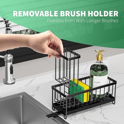 Cisily Sponge Holder for Kitchen Sink, Sink Caddy with High Brush Holder, Kitchen Sink Organizer Countertop Rustproof 304 Stainless Steel , Soap Dispenser Kitchen Organizers and Storage Essentials - Black thumbnail 3