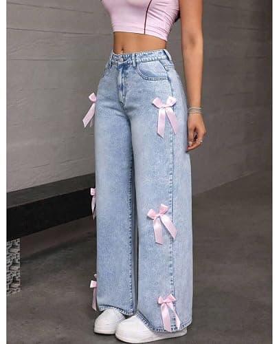 Chmnigma Baggy Jeans for Woman Teen Girls Bow Jeans High Waisted Straight Leg Cute Pants Casual Preppy Clothes thumbnail 2