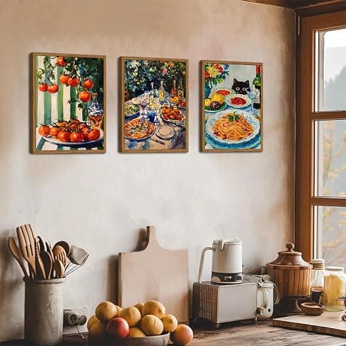 Framed Vintage Italian Kitchen Canvas Wall Art Set of 3, Funny Black Cat with Pasta Food Pictures Wall Decor, Rustic Tomato Paintings Prints Farmhouse Home Decor for Dining Room Restaurant 12X16in thumbnail 9